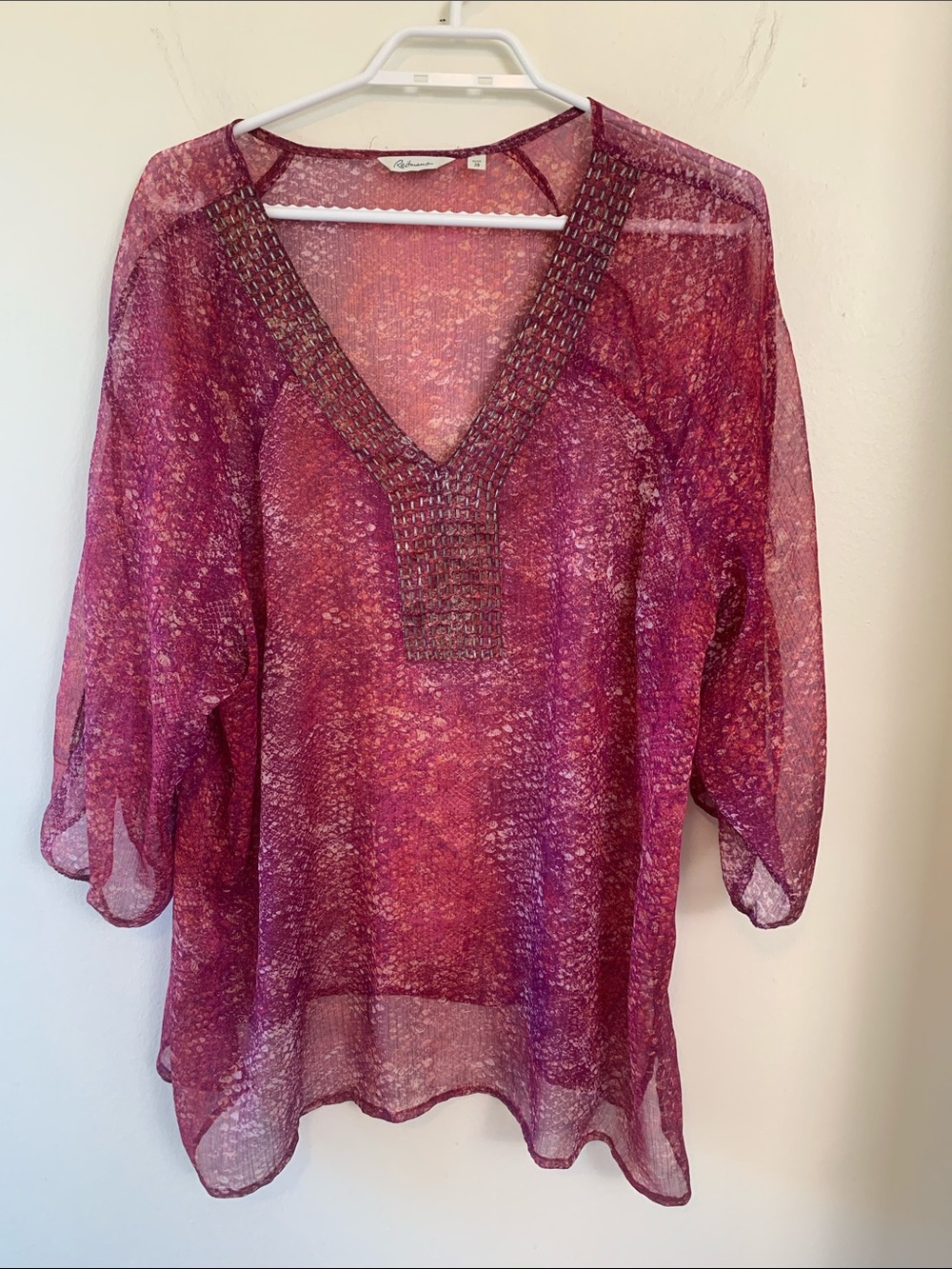 Reitmans NWOT Sheer V-Neck Tunic in Berry and Plum Mix, Beadwork.